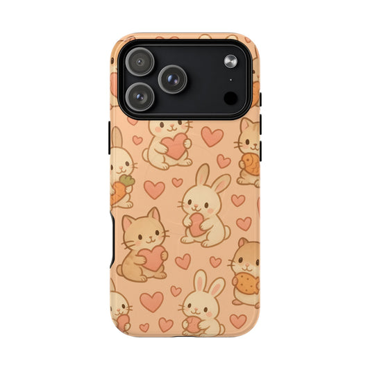 Cozy Critter Friends iPhone Case — Cute Bunny & Kitten Heart Pattern with MagSafe - Shamo's