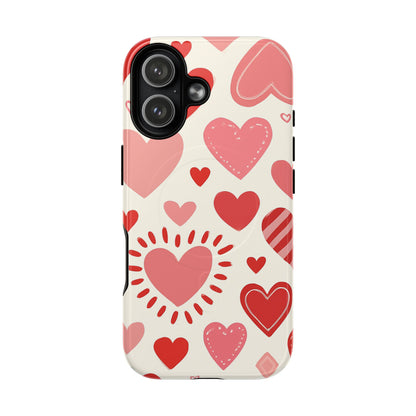 Heart Pattern Tough iPhone Case — Cute Red & Pink Hearts Protective Cover (MagSafe compatible)