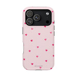 Pink Heart Gingham MagSafe iPhone Case, Impact‑Resistant, Magnetic Protection