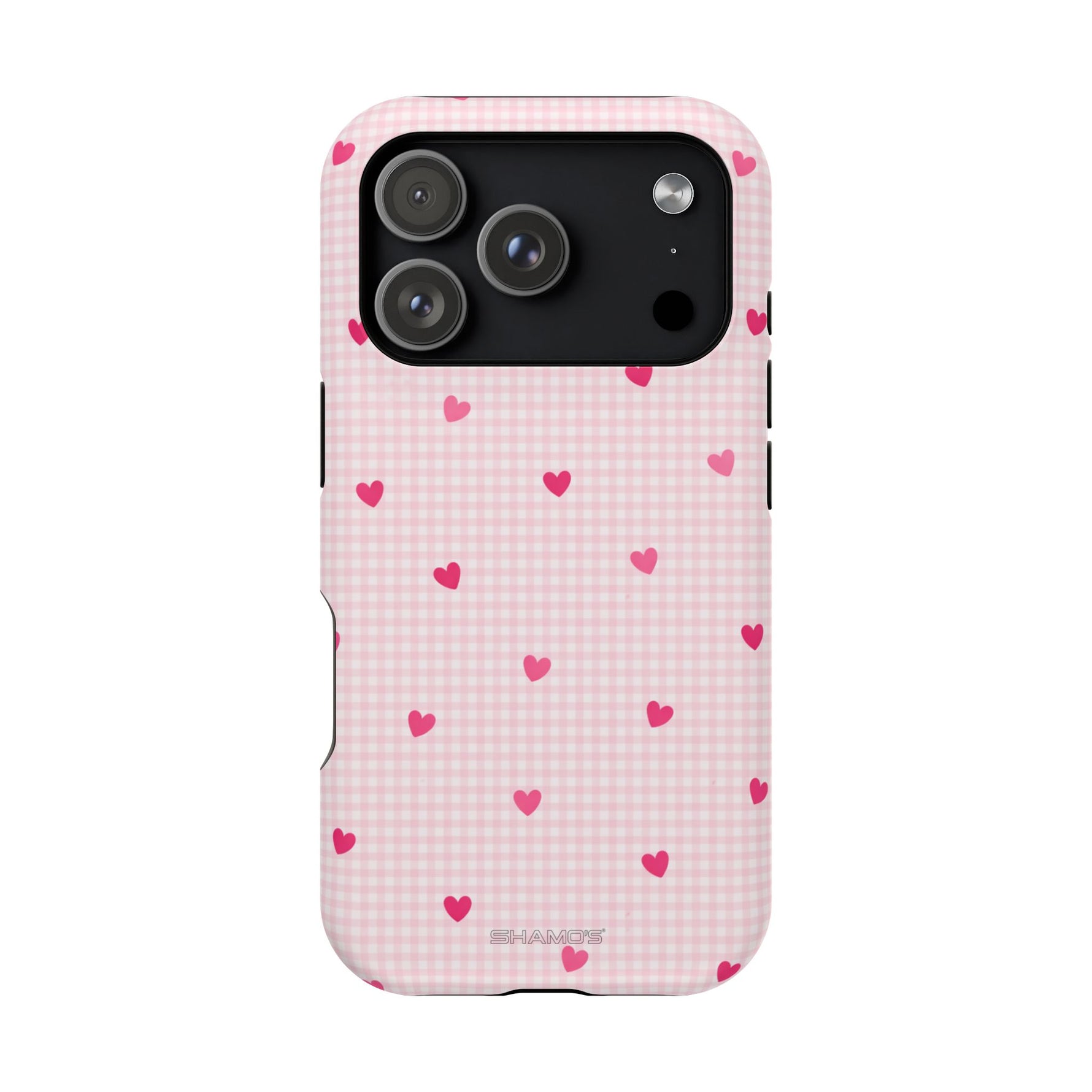 Pink Heart Gingham MagSafe iPhone Case, Impact‑Resistant, Magnetic Protection