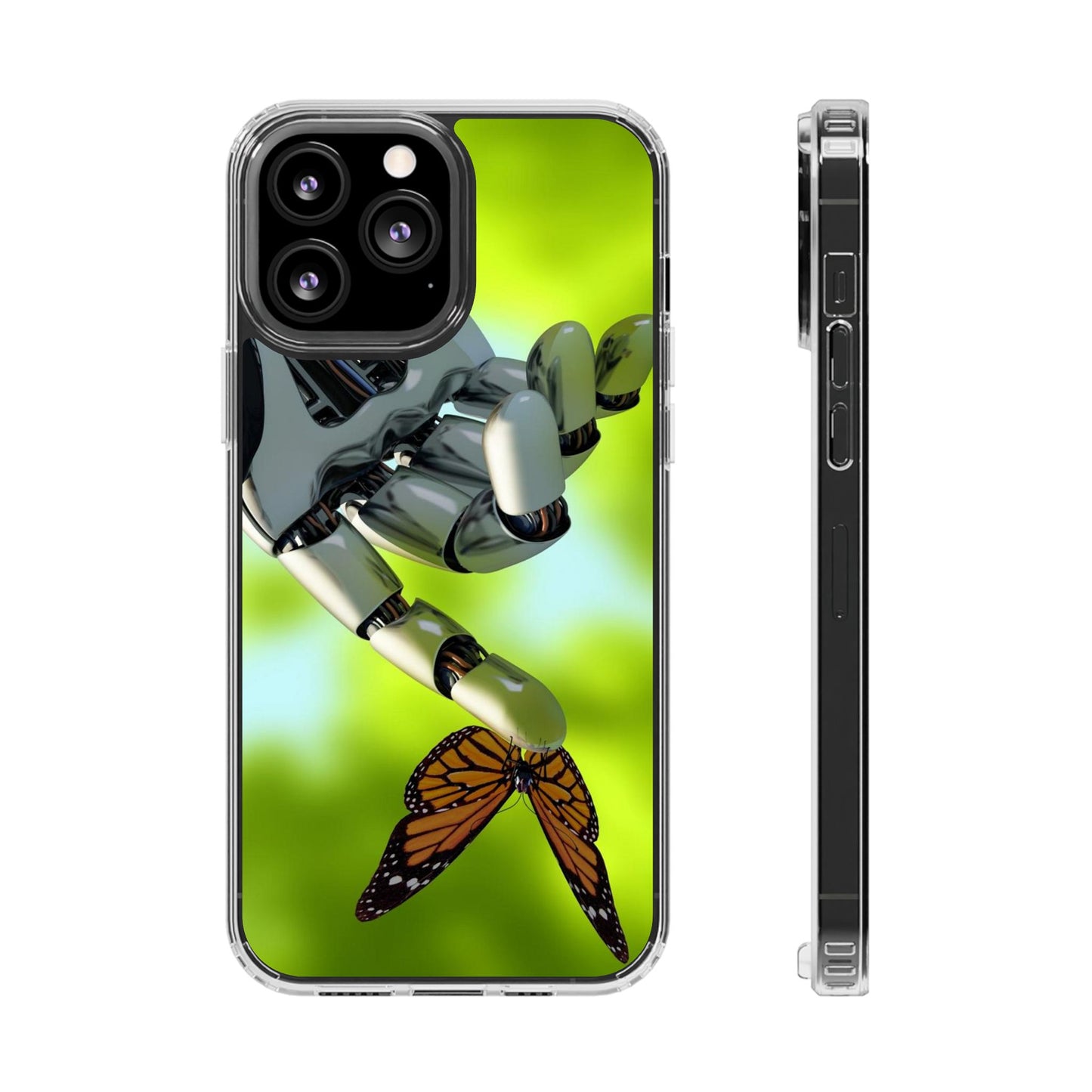 Clear Cases for iPhone 14 Series with Robotic hand and Butterfly.
