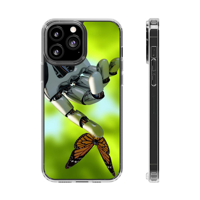Clear Cases for iPhone 14 Series with Robotic hand and Butterfly.