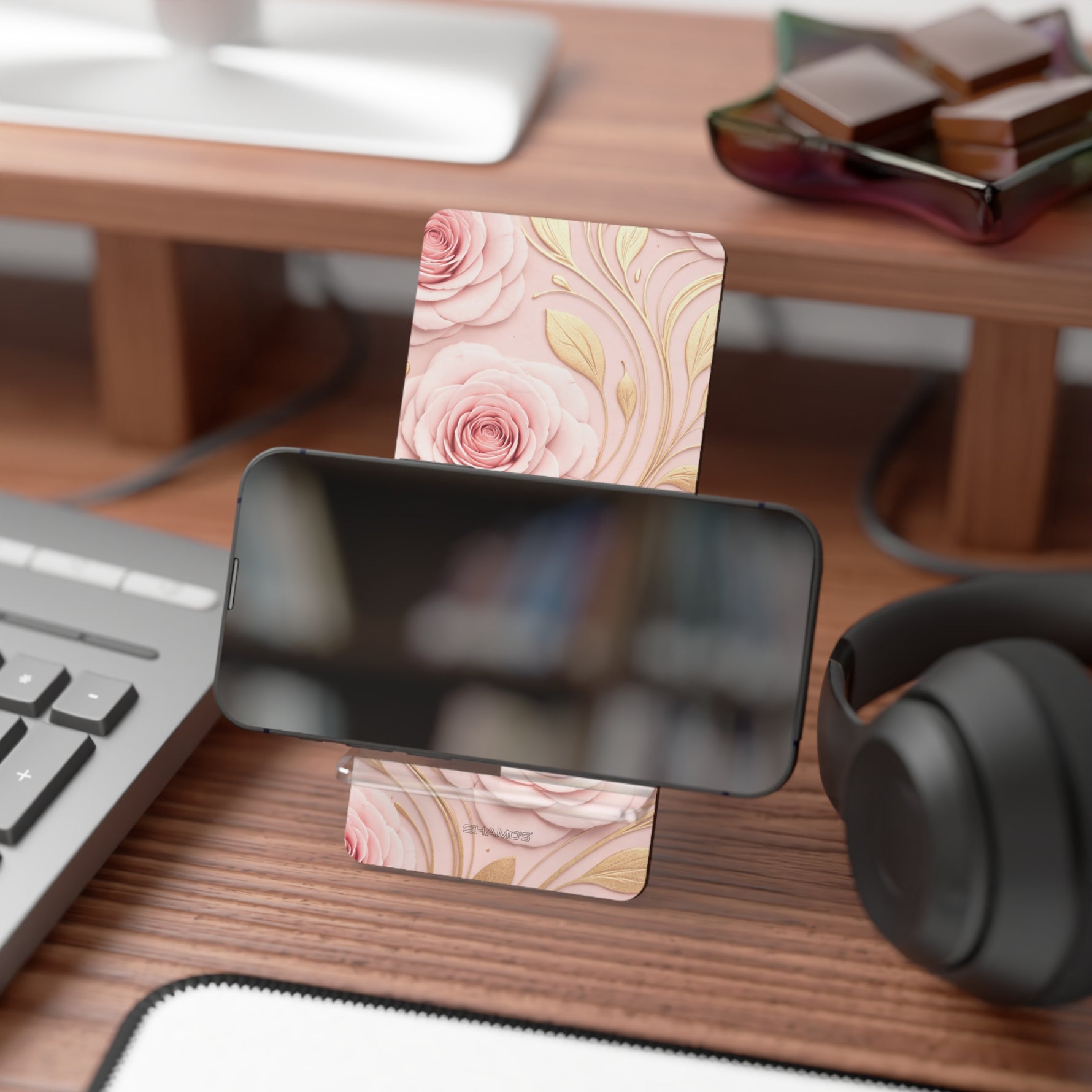 Floral Rose Phone Stand, Pink Gold Smartphone Display Holder