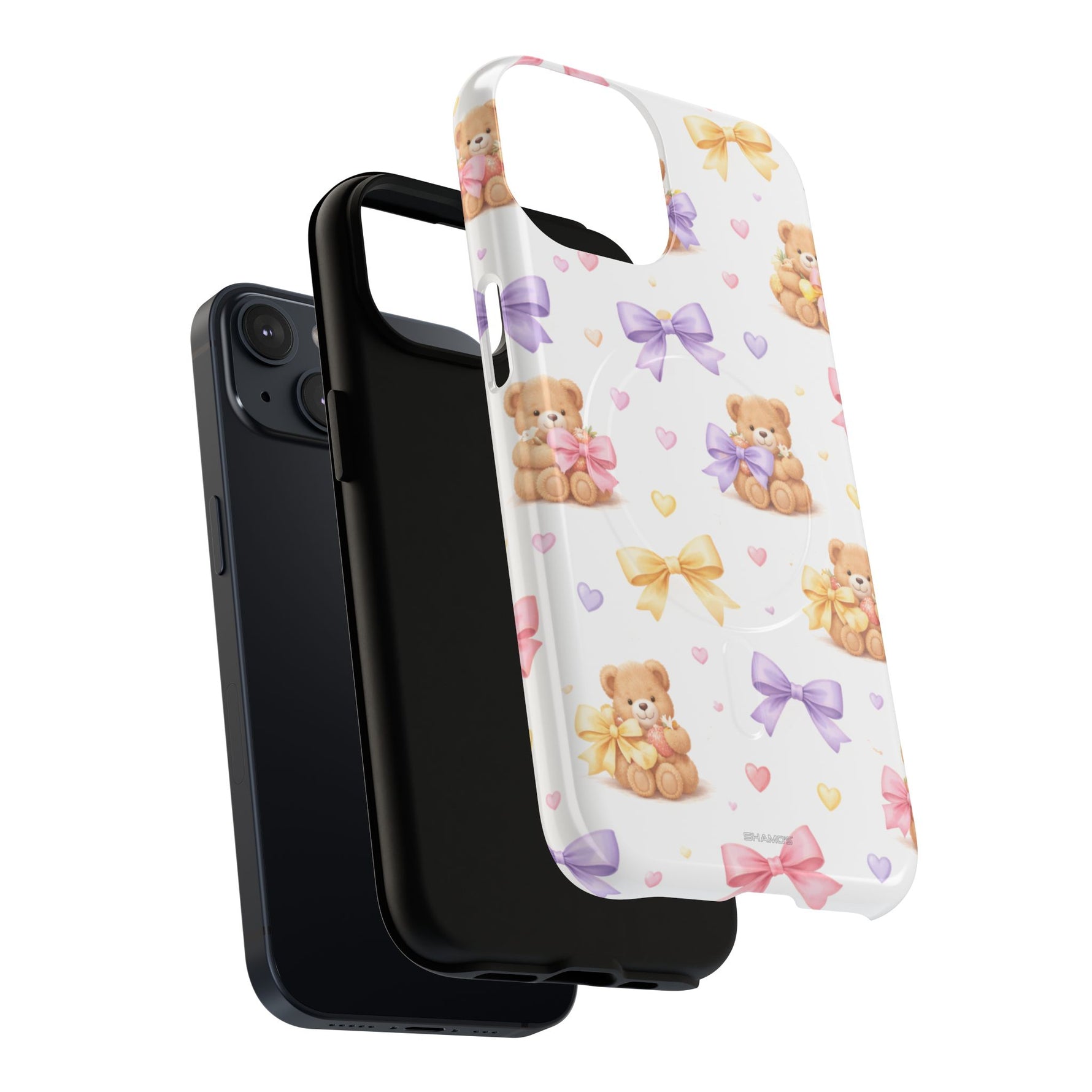 iPhone with black case and teddy bear pattern phone case with purple, pink, yellow bows showing variant size