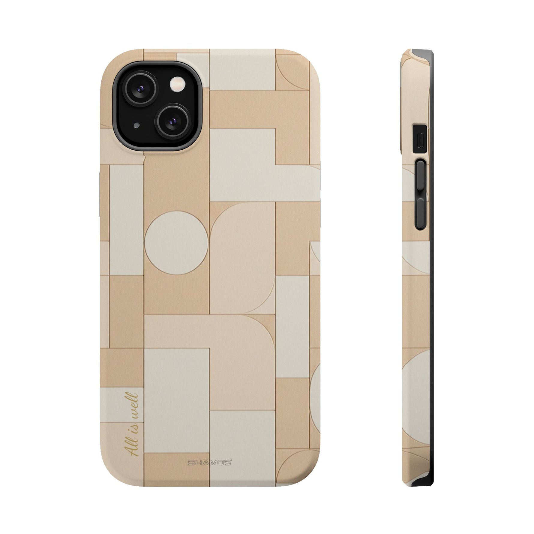 Geometric Beige Magnetic Impact-Resistant iPhone Case with Personalizable Quote and MagSafe Compatible