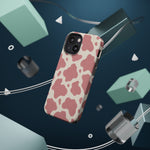 Rose Cowprint – Pink Cow Print MagSafe Phone Case, glossy diagonal dual-camera model, rear view with magnetic accessories