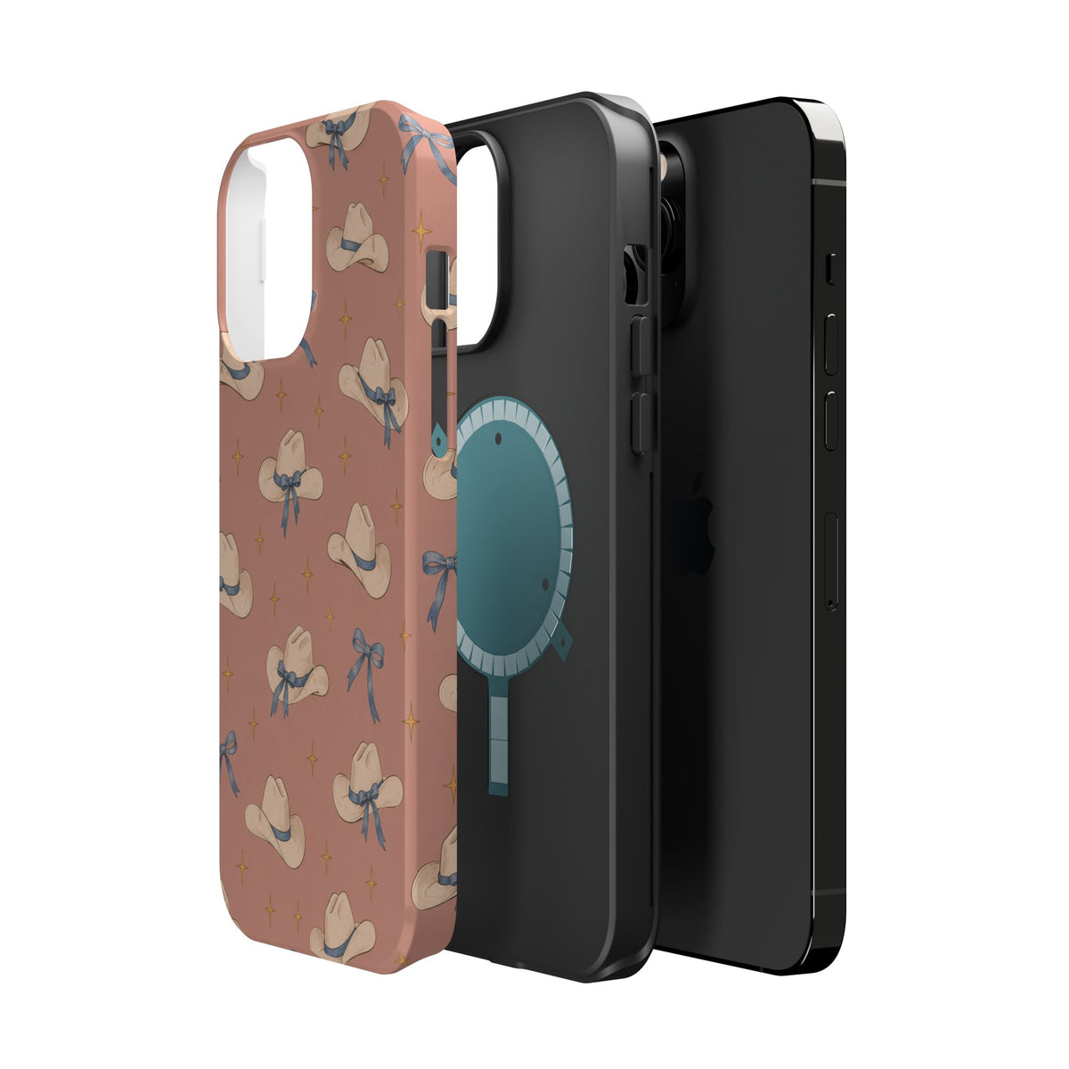 Ribbon Rodeo – Cowgirl Hat and Bow MagSafe Phone Case, Pink, glossy square triple-camera Pro model, exploded shell and liner with magnetic ring