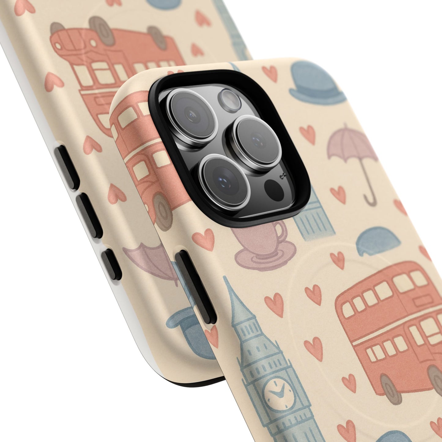 London Icons Hand-Drawn iPhone Case — Cute Double-Decker Bus & Big Ben Pattern with MagSafe compatibility