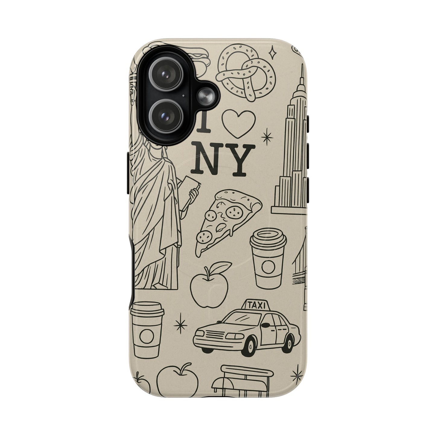 NY City Icons Tough iPhone Case — Statue of Liberty, Pizza & Taxi Pattern | Compatible with MagSafe