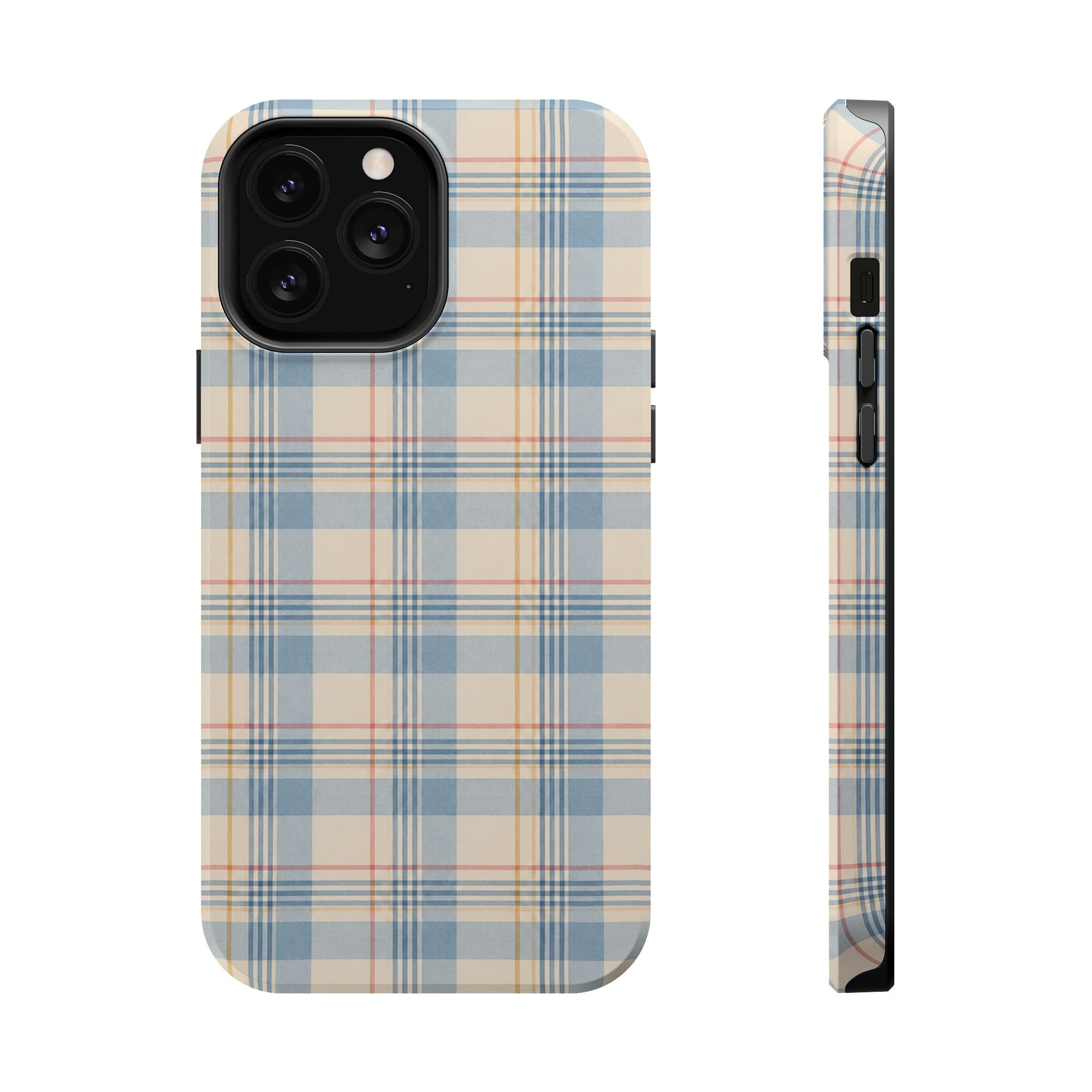 Ranch Check – Blue and Cream Plaid MagSafe Phone Case, glossy iPhone 13 Pro Max, rear and side profile