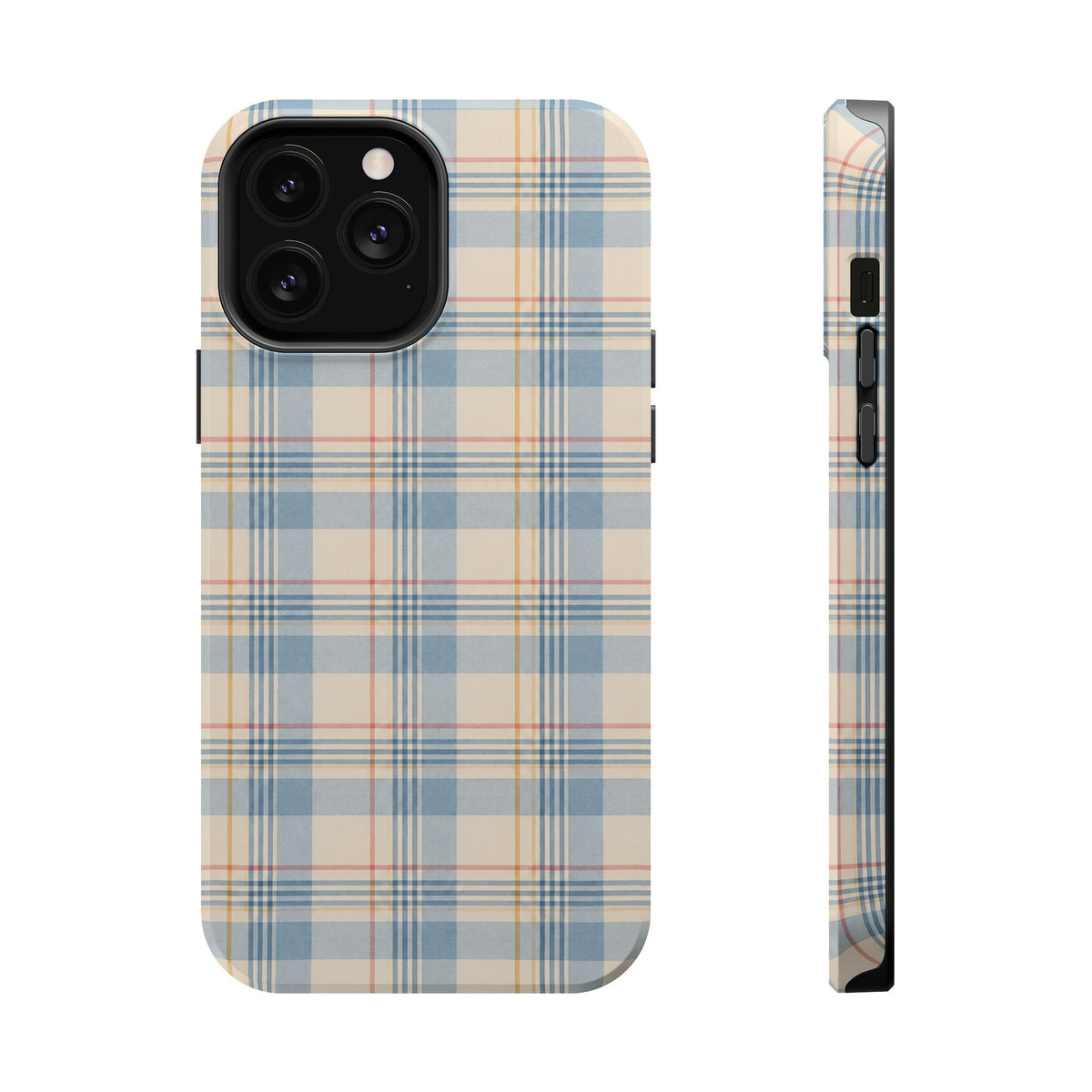 Ranch Check – Blue and Cream Plaid MagSafe Phone Case, glossy iPhone 13 Pro Max, rear and side profile
