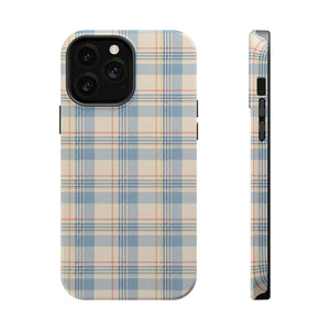 Ranch Check – Blue and Cream Plaid MagSafe Phone Case, glossy iPhone 13 Pro Max, rear and side profile
