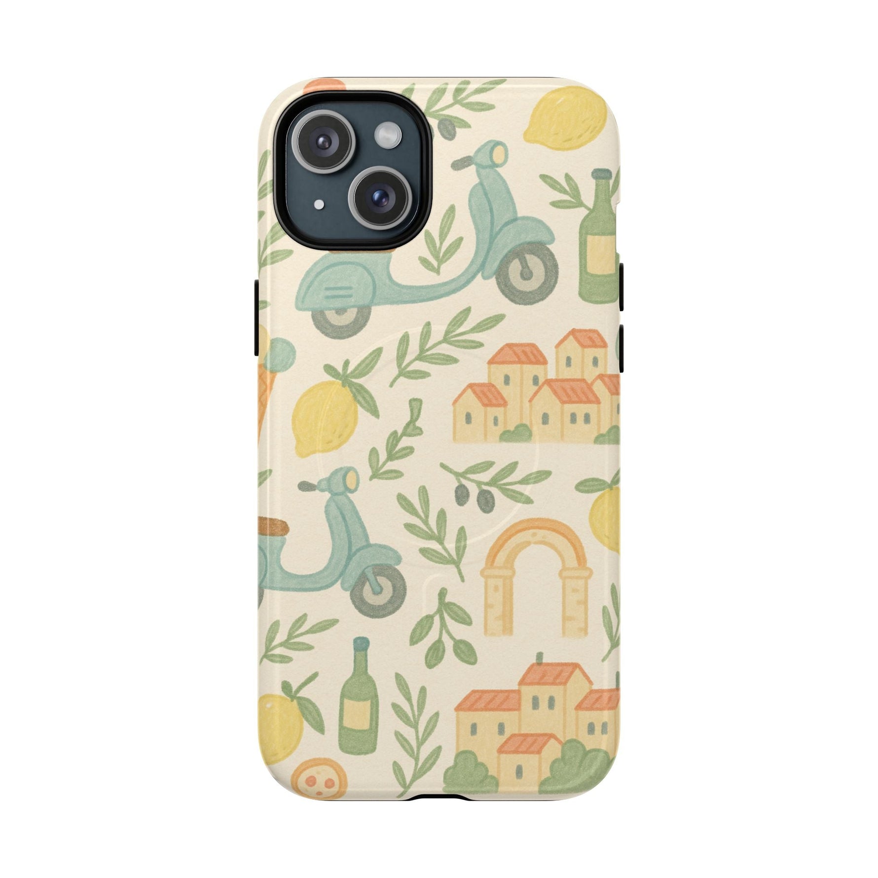 Italian Summer Drawing  iPhone Case — Lemon & Vespa Pattern Tough MagSafe Case  Shamo's iPhone 15 Plus / Glossy