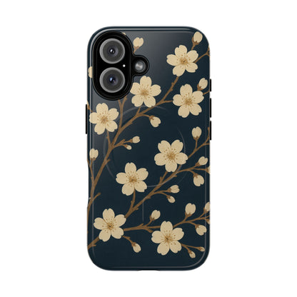 Navy Cherry Blossom Floral iPhone Case - Compatible with MagSafe