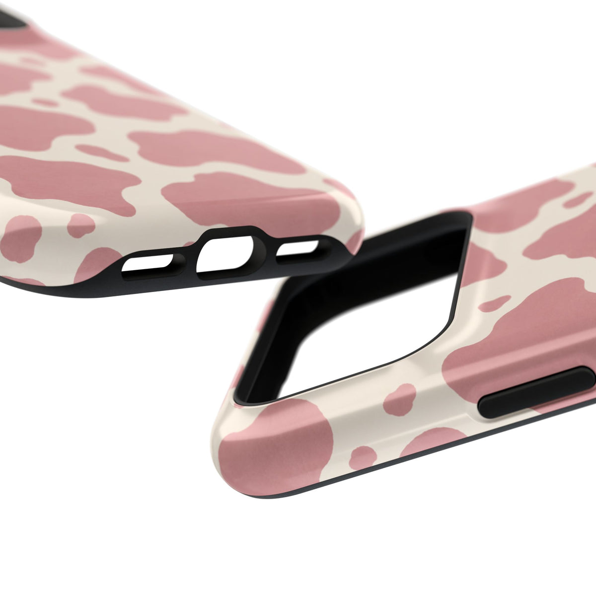 Rose Cowprint – Pink Cow Print MagSafe Phone Case, glossy compact wide-camera Pro model, port openings and edge details
