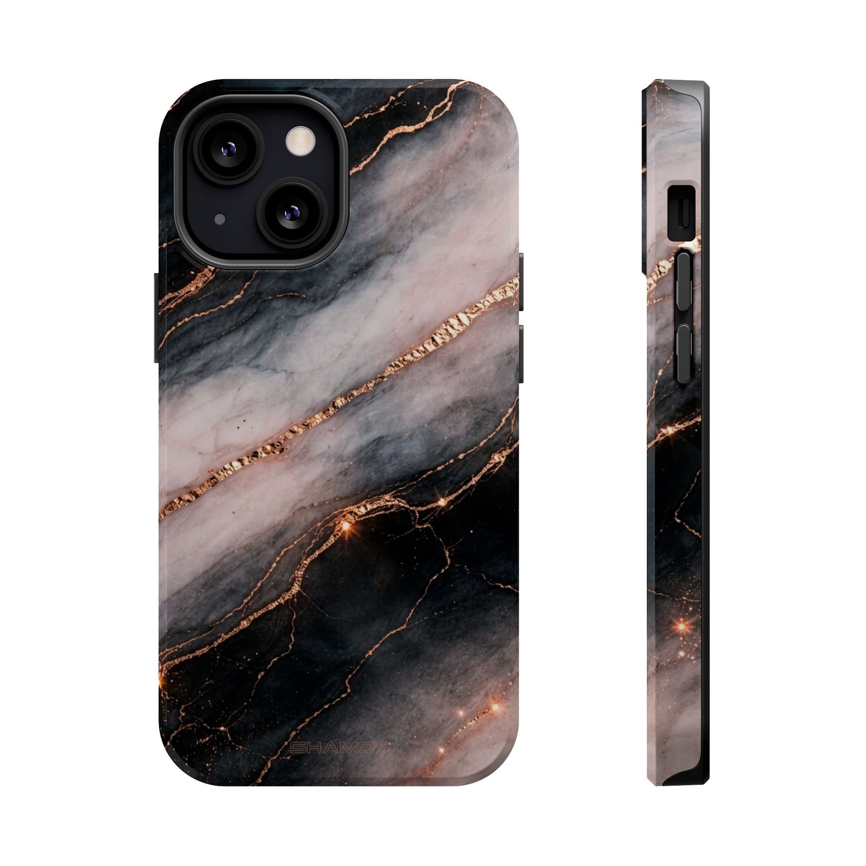 Marbled Black & Rose Gold Magnetic MagSafe Compatible Phone Case — Impact-Resistant