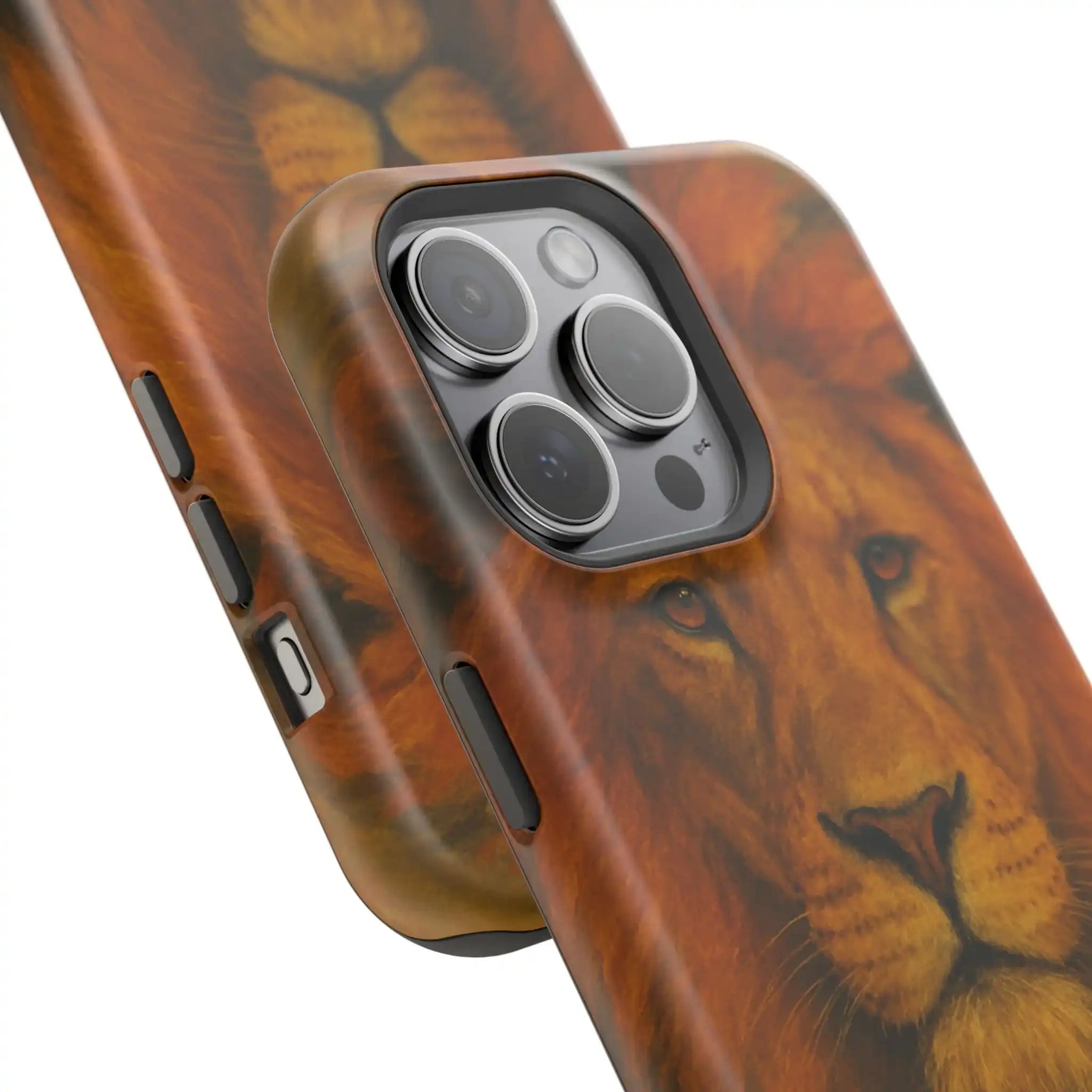 Close-up of lion face iPhone cases in two sizes with detailed wildlife design