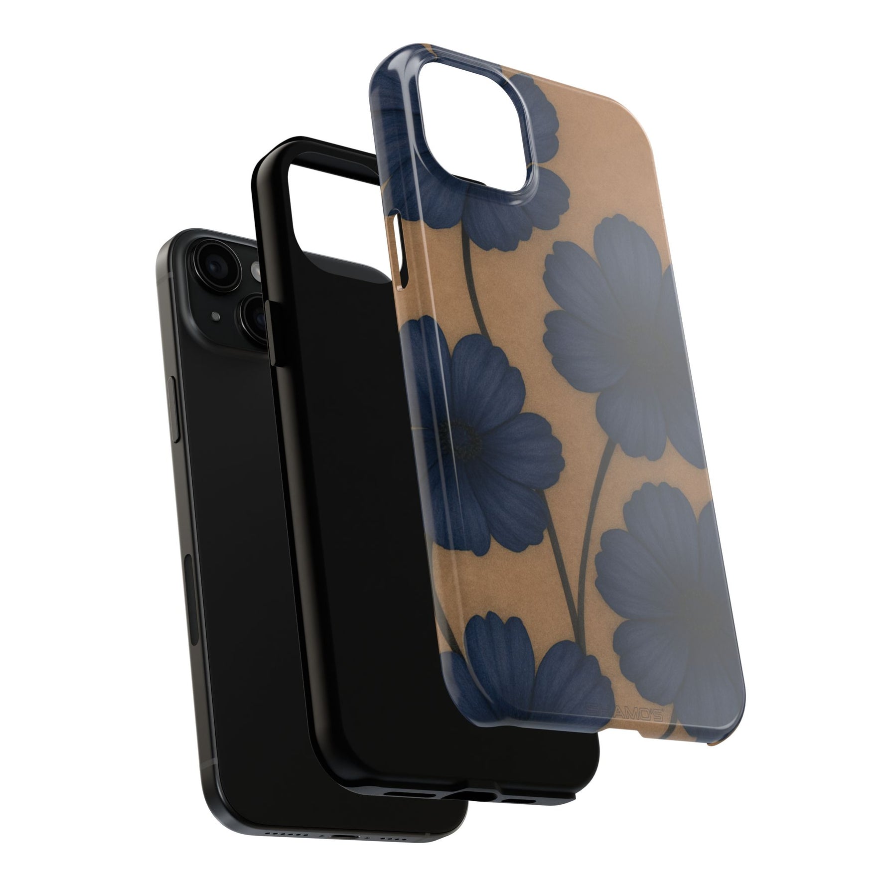 Navy Floral Tough Phone Case — Durable Protective Case with Blue Flowers on Kraft Background