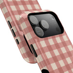 Prairie Gingham MagSafe Phone Case, glossy compact wide-camera Pro model, camera and side-button close-up
