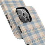Ranch Check – Blue and Cream Plaid MagSafe Phone Case, glossy square triple-camera Pro model, camera and side-button close-up