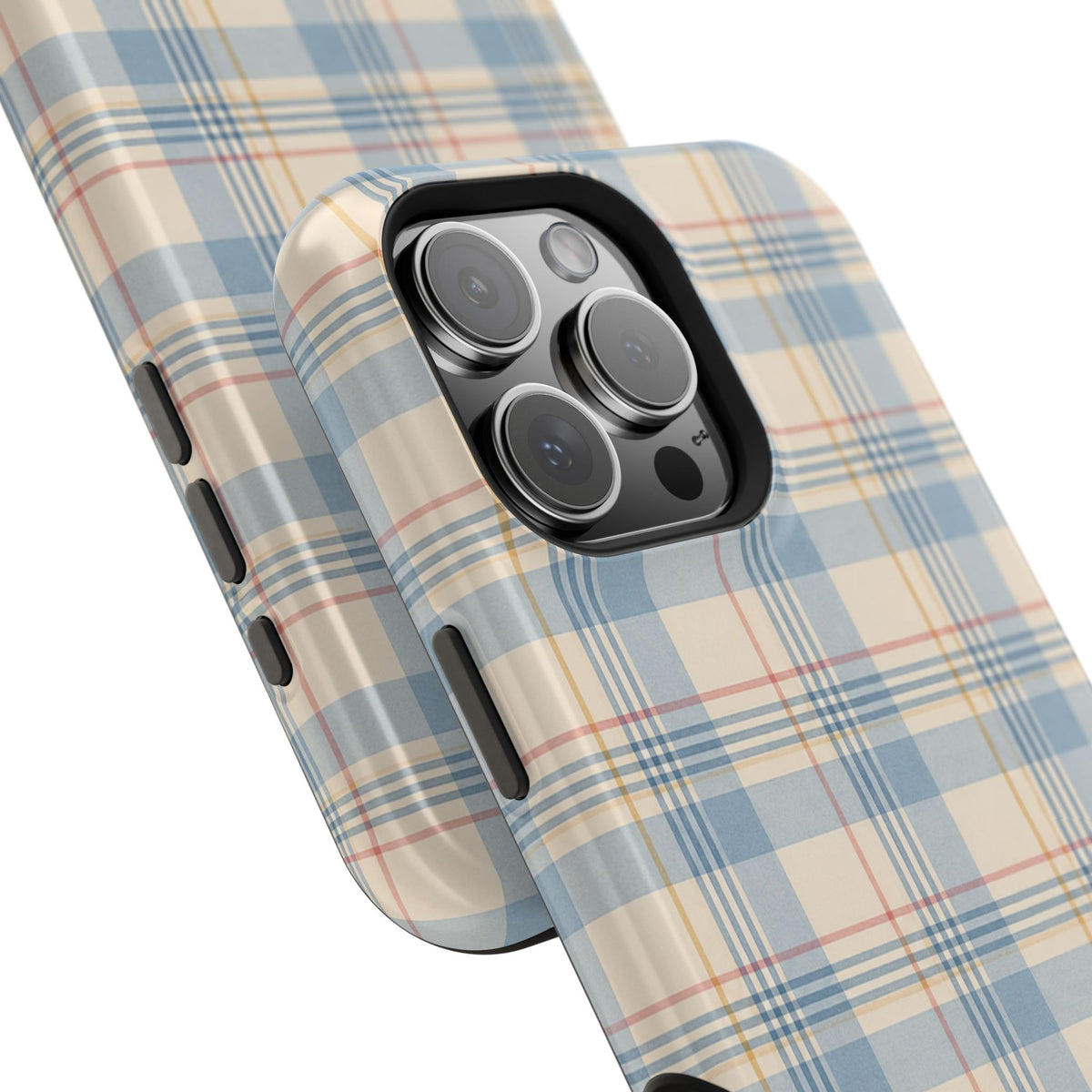 Ranch Check – Blue and Cream Plaid MagSafe Phone Case, glossy square triple-camera Pro model, camera and side-button close-up