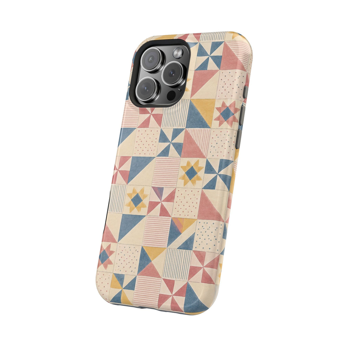 Prairie Quilt – Pastel Patchwork Pattern MagSafe Phone Case, glossy square triple-camera Pro model, angled rear view