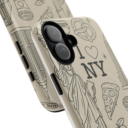 NY City Icons Tough iPhone Case — Statue of Liberty, Pizza & Taxi Pattern | Compatible with MagSafe