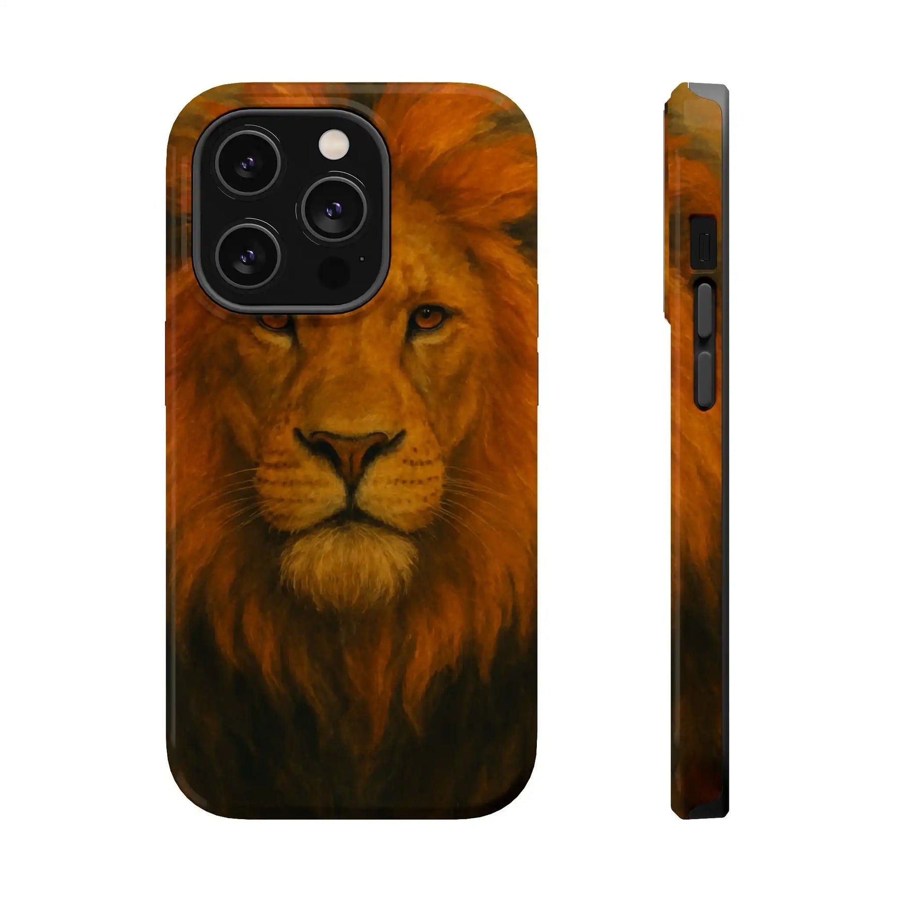 Lion face print on phone case shown from front and side views, highlighting detailed mane and size variant