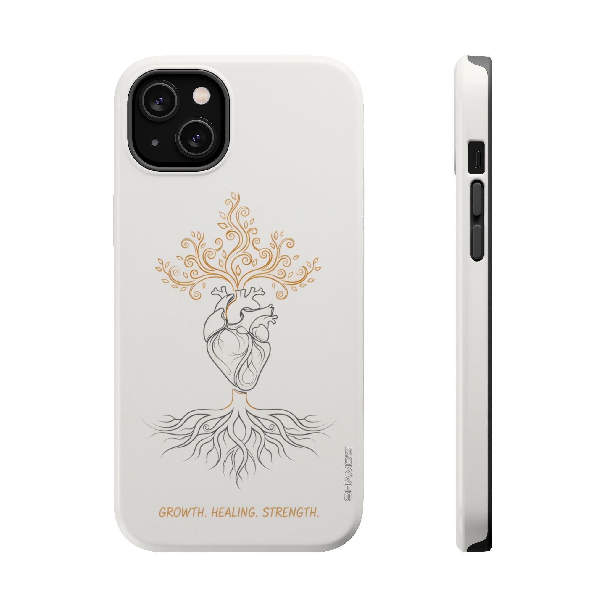 Minimalist Impact-Resistant iPhone Case, Heart Root Illustration ("Growth. Healing. Strength.") MagSafe Compatible - iPhone 14 Plus / Glossy - Shamo's