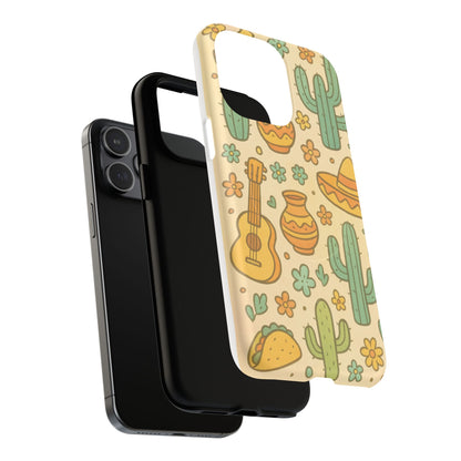 Mexico Hand-Drawn Cactus Pattern iPhone Case – Cute Desert Guitar & Sombrero Design | with MagSafe