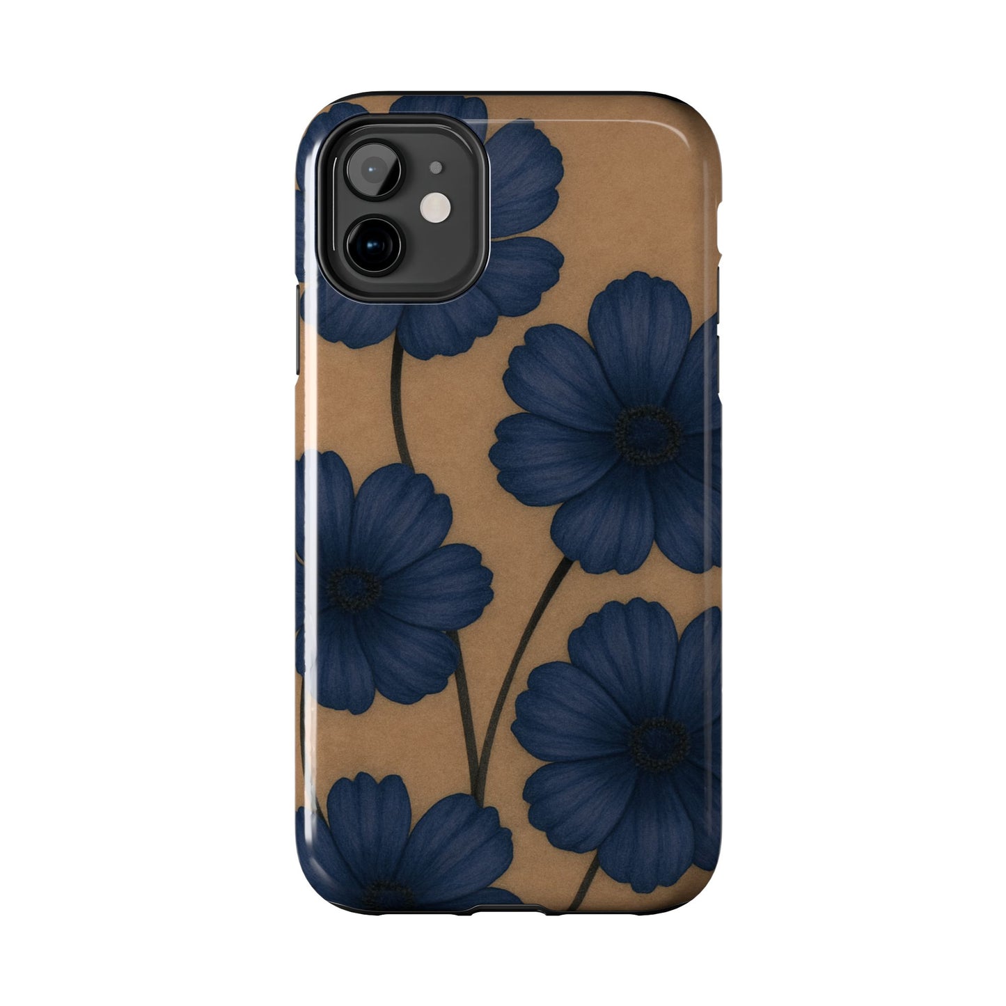 Navy Floral Tough iPhone Case — Durable Protective Case with Blue Flowers on Kraft Background