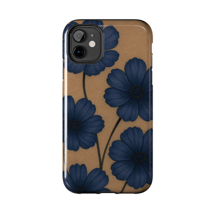 Navy Floral Tough iPhone Case — Durable Protective Case with Blue Flowers on Kraft Background