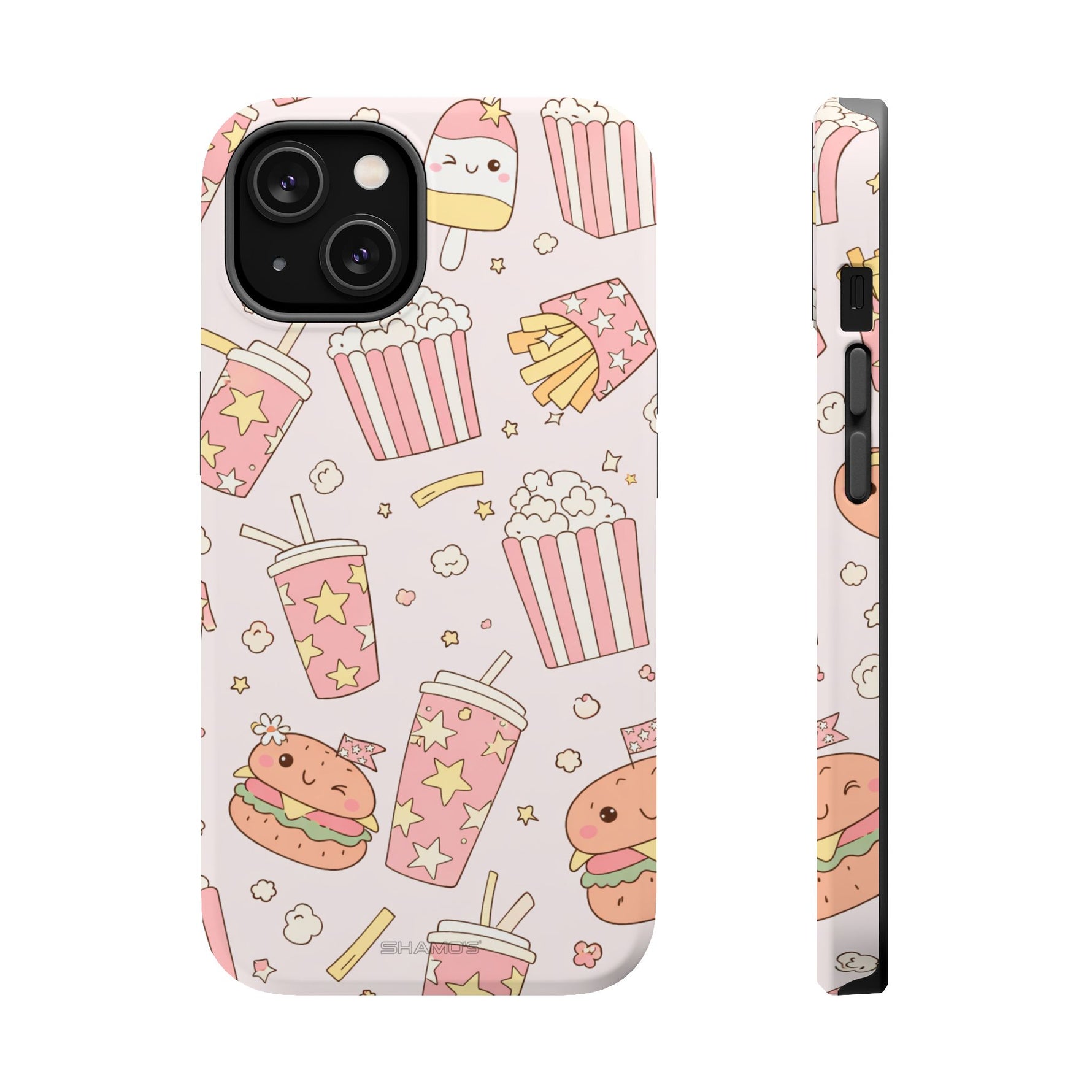 Kawaii Snack Pattern Magnetic Phone Case, Cute Popcorn, Burger & Soda Design with MagSafe Compatibility