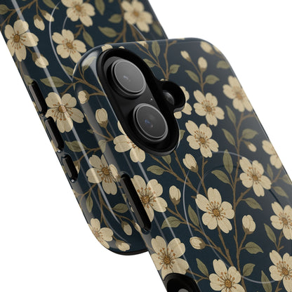 Navy Cherry Blossom Floral iPhone Case - Compatible with MagSafe