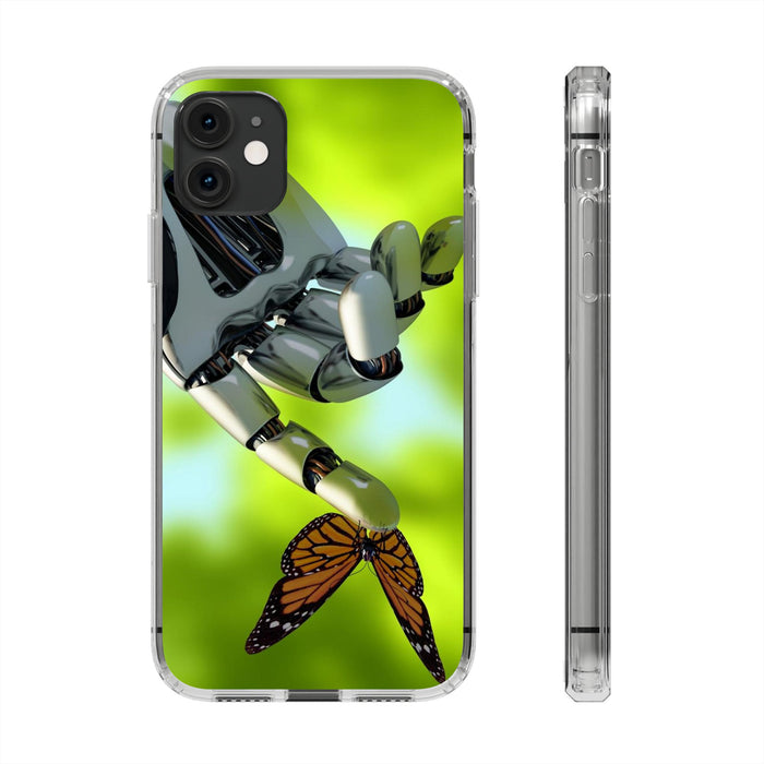 Clear Cases for iPhone 14 Series with Robotic hand and Butterfly.