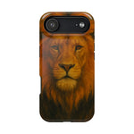 Phone case with realistic lion face design, medium variant size, protective black edges