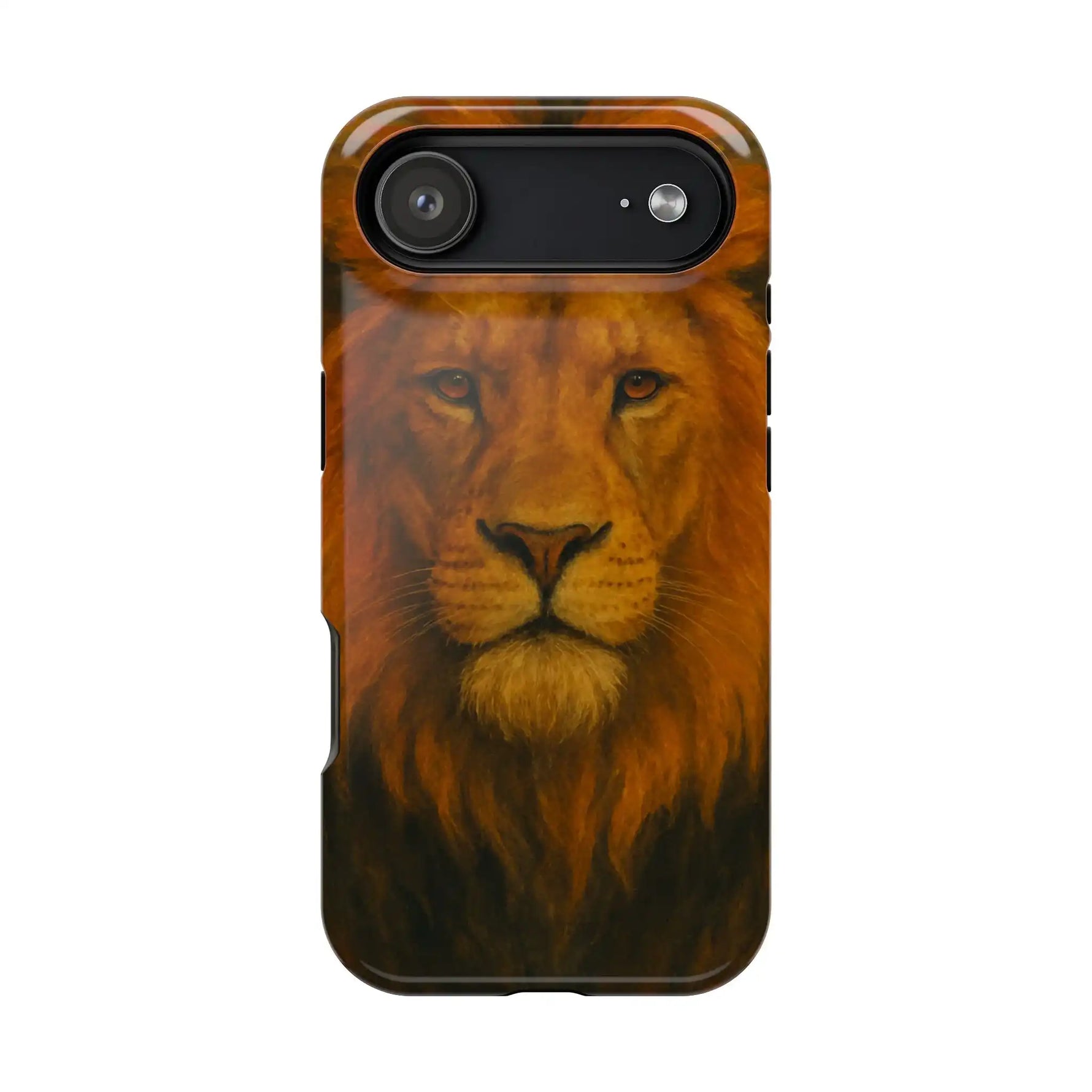 Phone case with realistic lion face design, medium variant size, protective black edges