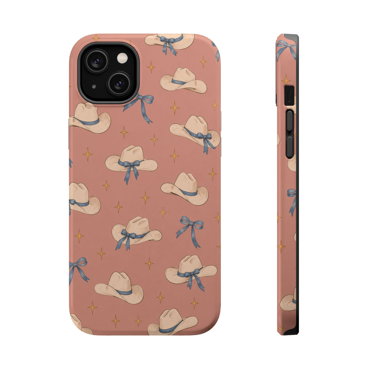 Ribbon Rodeo – Cowgirl Hat and Bow MagSafe Phone Case, Pink, glossy iPhone 14 Plus, rear and side profile