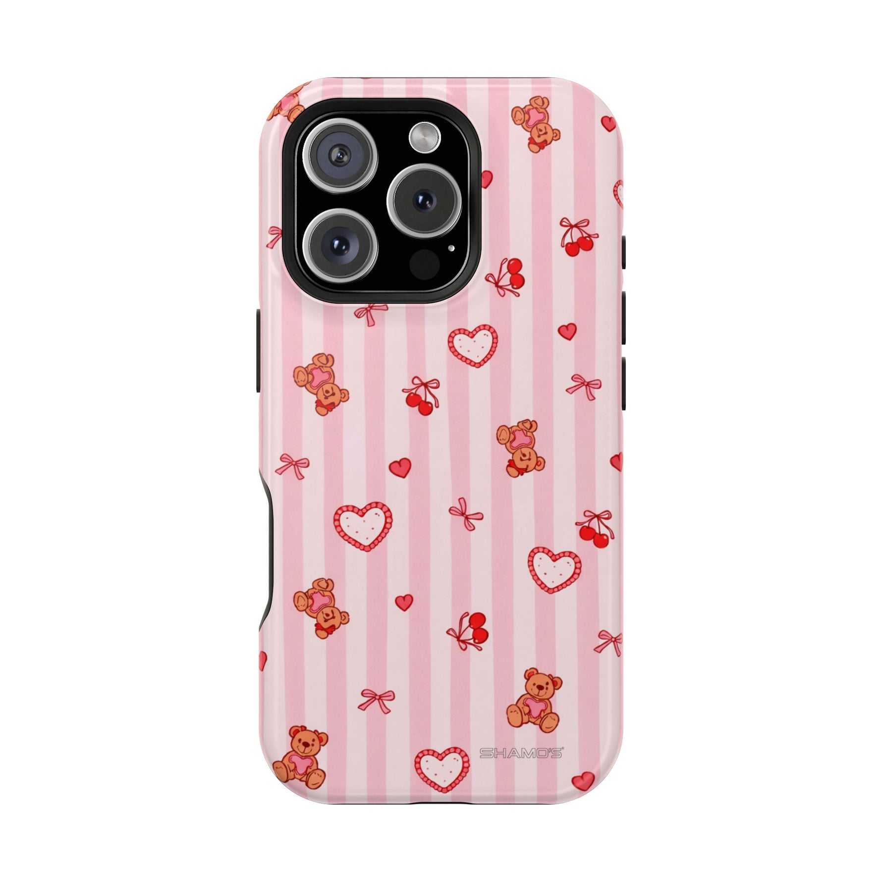 Pink Teddy Hearts Love iPhone Case, Impact-Resistant MagSafe Compatible