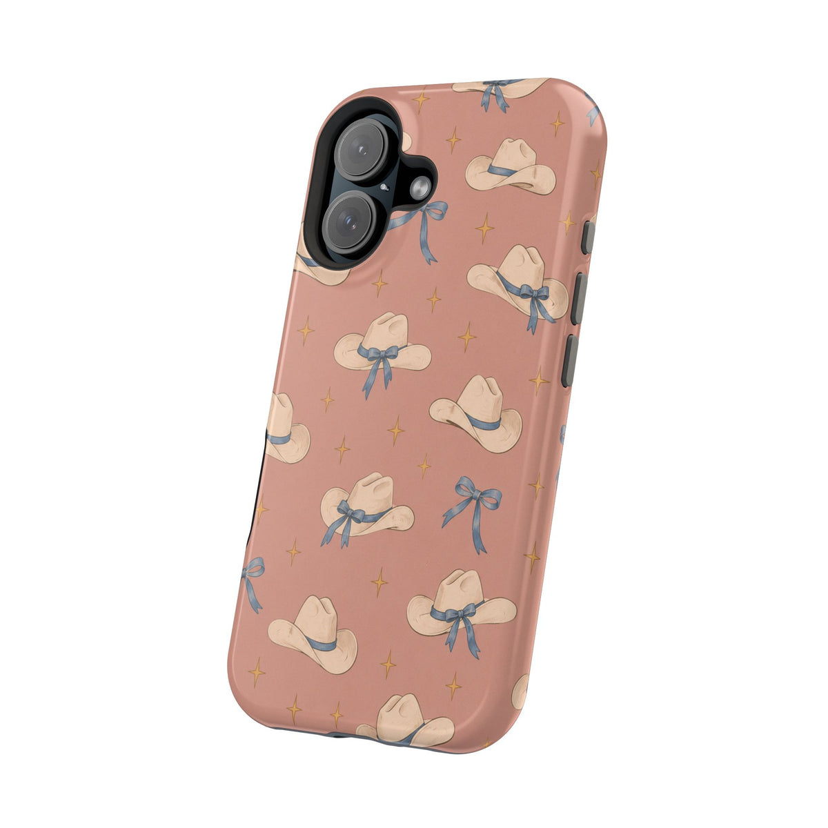 Ribbon Rodeo – Cowgirl Hat and Bow MagSafe Phone Case, Pink, glossy vertical dual-camera model, angled rear view