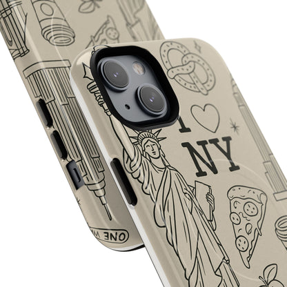 NY City Icons Tough iPhone Case — Statue of Liberty, Pizza & Taxi Pattern | Compatible with MagSafe