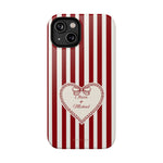 Funda personalizada a rayas — Diseño de corazón rojo y blanco (nombres personalizados)