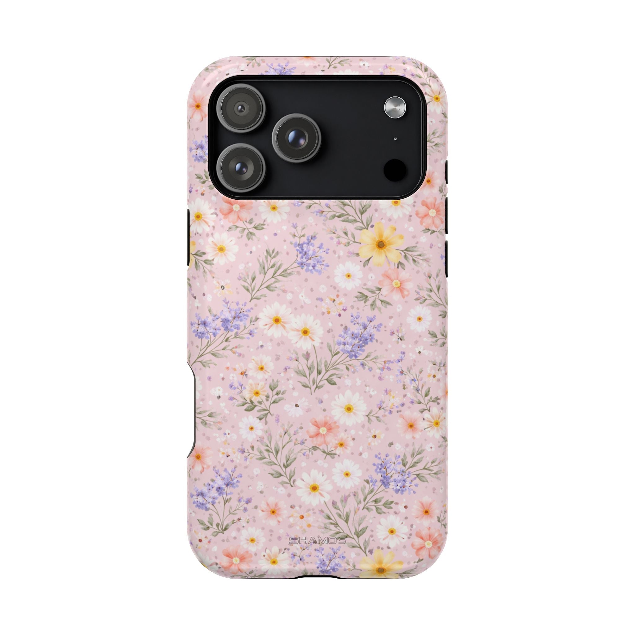 Phone case with a dense pastel pink, lavender, white, and yellow wildflower pattern