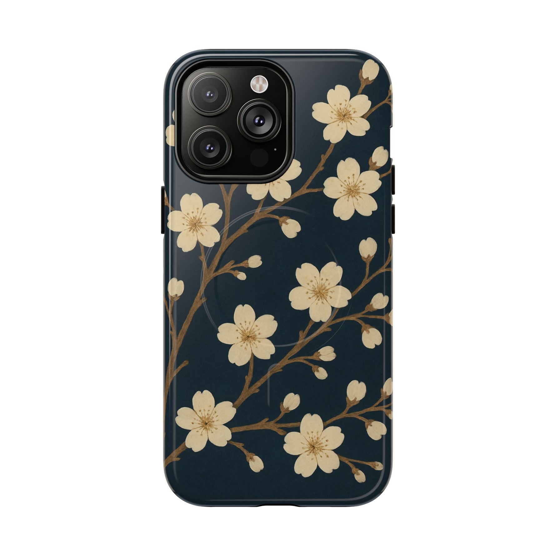 Navy Cherry Blossom Floral iPhone Case - Compatible with MagSafe - Shamo's