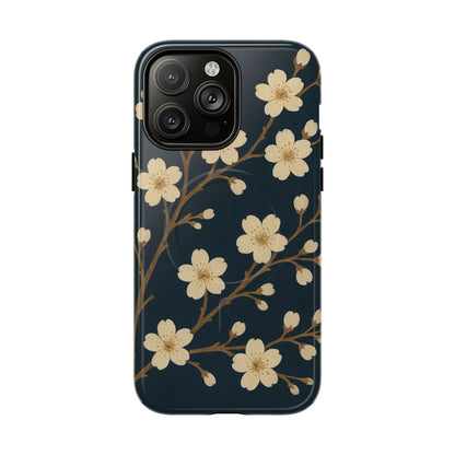 Navy Cherry Blossom Floral iPhone Case - Compatible with MagSafe