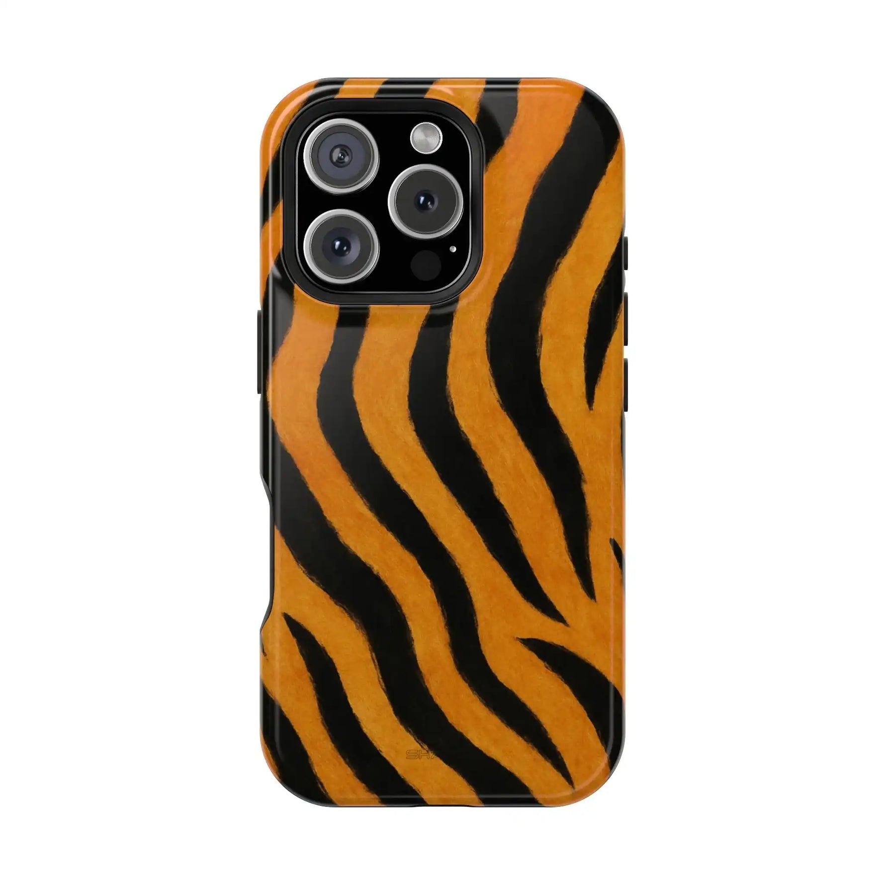 Tiger print protective phone case with camera cutout, showing detailed black and orange stripes