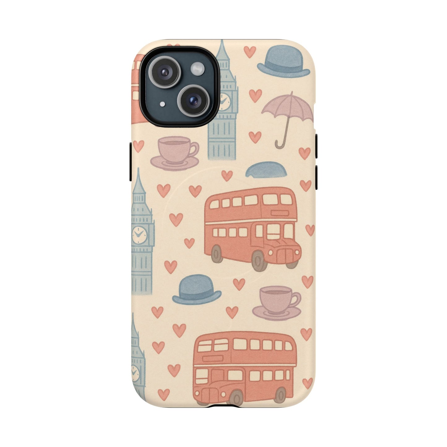 London Icons Hand-Drawn iPhone Case — Cute Double-Decker Bus & Big Ben Pattern with MagSafe compatibility