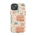 London Icons Hand-Drawn iPhone Case — Cute Double-Decker Bus & Big Ben Pattern with MagSafe compatibility  Shamo's iPhone 15 Plus / Matte