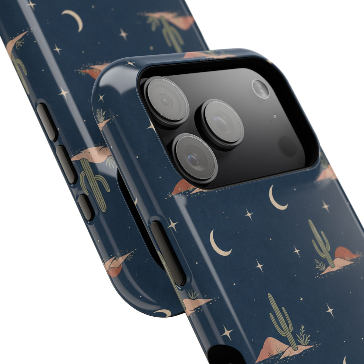 Desert Moon MagSafe Phone Case, glossy compact wide-camera Pro model, camera and side-button close-up