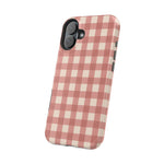Prairie Gingham MagSafe Phone Case, glossy vertical dual-camera model, angled rear view